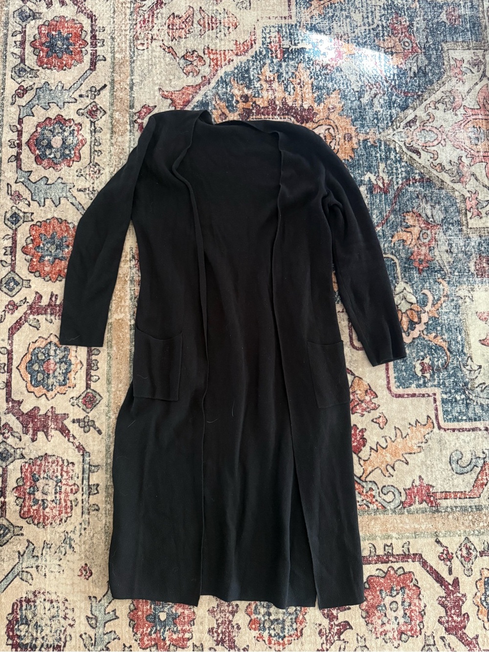 Long 100% Cotton Black Open-Front Cardigan with Pockets